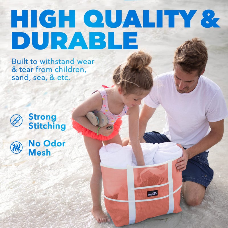 Dejaroo - Sand Free Mesh Bag - Strong Lightweight Tote For Beach & Vacation Essentials. Tons of Storage with 8 Pockets, Foldable, 17x9x15 inches, Peach with White Straps - Image 5